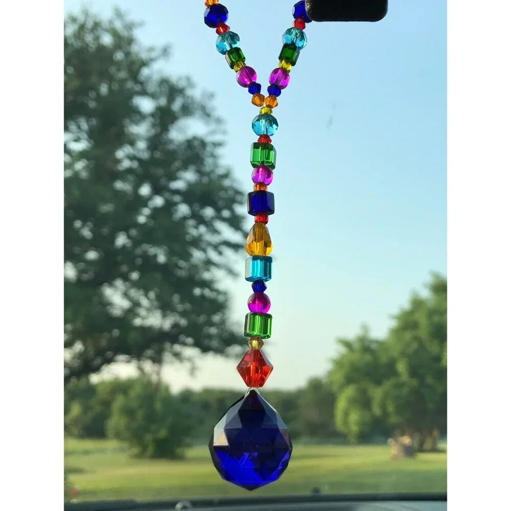 Beaded Suncatcher Car Charm Rearview Mirror Ornament Blue Crystal Prism